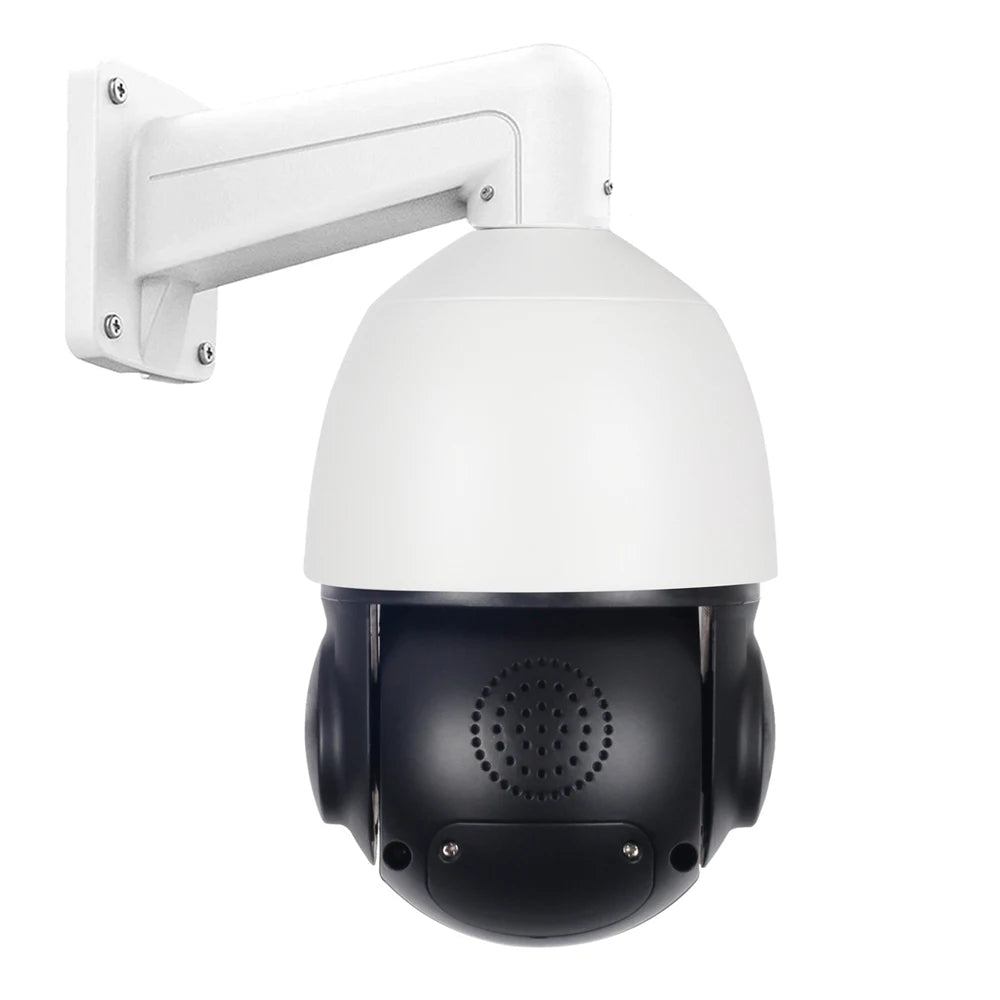 White and black plastic PTZ security camera with a wall mount bracket, lens, and circular speaker grille.
