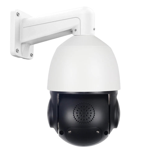 White and black plastic PTZ security camera with a wall mount bracket, lens, and circular speaker grille.