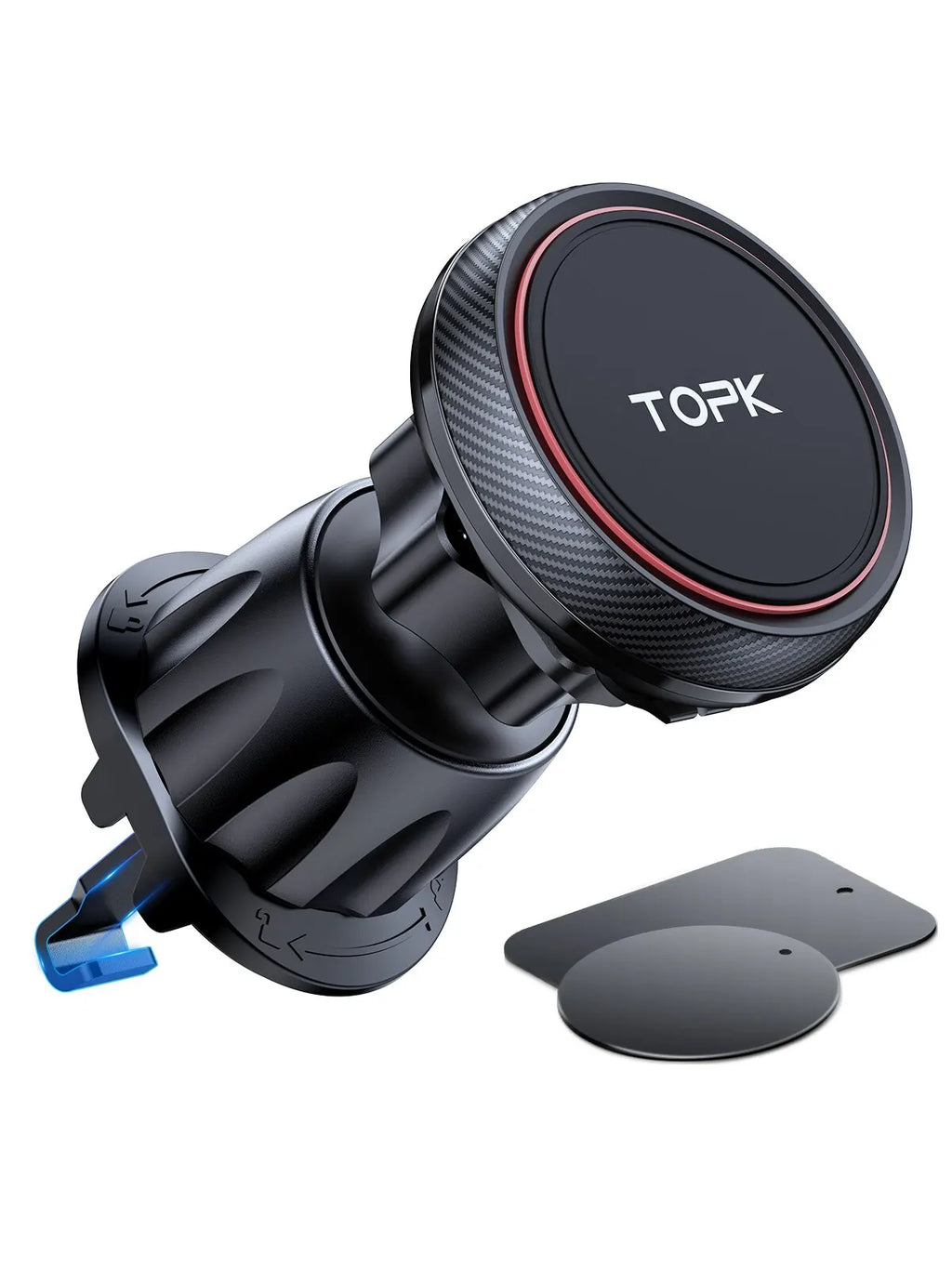 Black magnetic car phone mount with carbon fiber texture and a slim, circular design, including two adhesive metal discs.