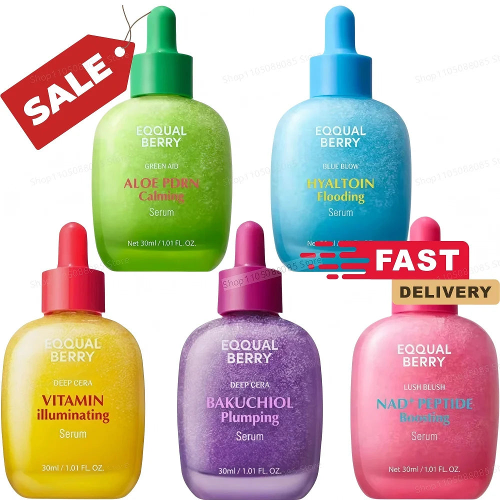 Five colourful 30ml dropper bottles of facial serum in green, blue, yellow, purple, and pink on a white background.