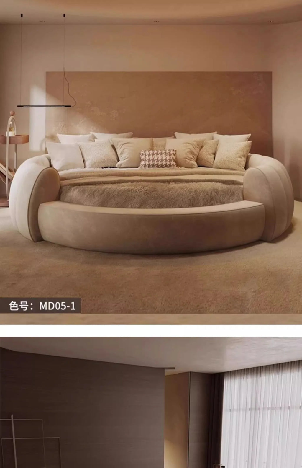 Modern minimalist bedside table with a sleek, rounded beige design, perfect for a contemporary bedroom setting.