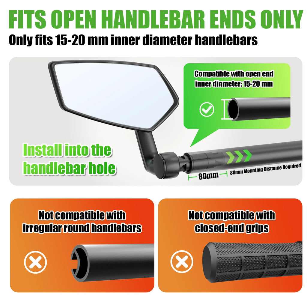Black RBRL bike mirror with angular shape and 360-degree rotatable mount, showing handlebar installation info.