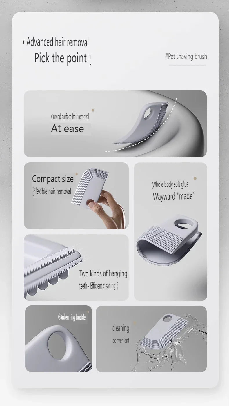 Grey, flexible silicone pet hair removal brush with a ring handle and dual-textured edges for efficient cleaning.