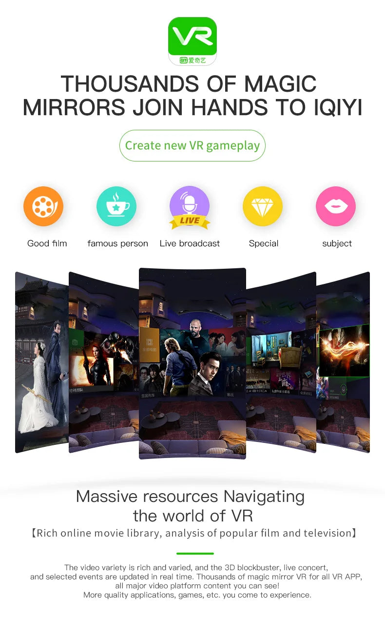 Virtual reality headset interface showcasing various video content categories in a panoramic 3D cinema-style view.