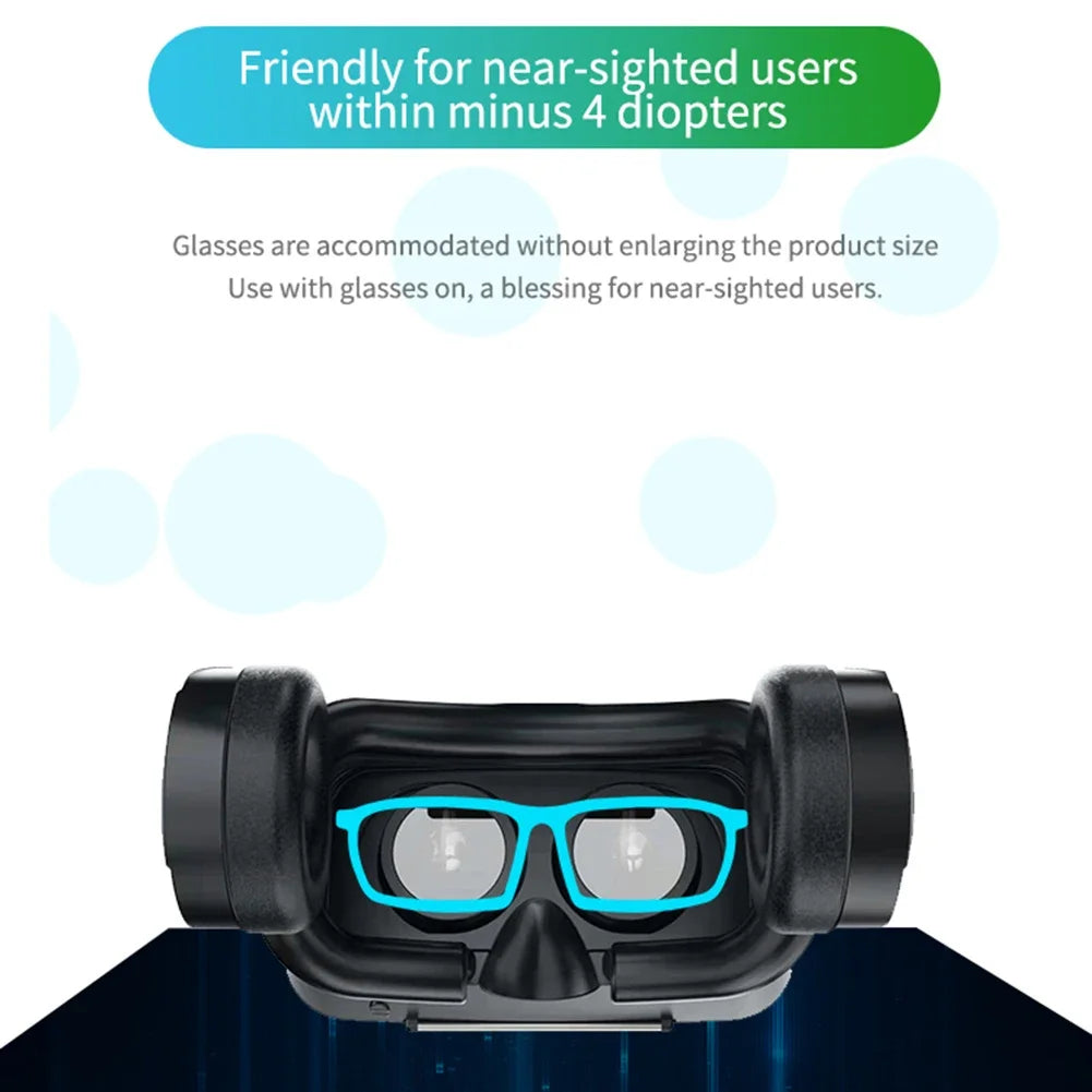 Black VR headset designed to fit over glasses, featuring a highlighted blue frame outline.