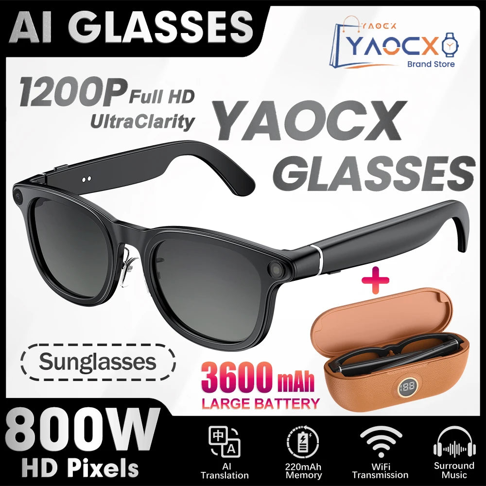 Black smart sunglasses with an integrated HD camera, plus a tan leather-style storage case.