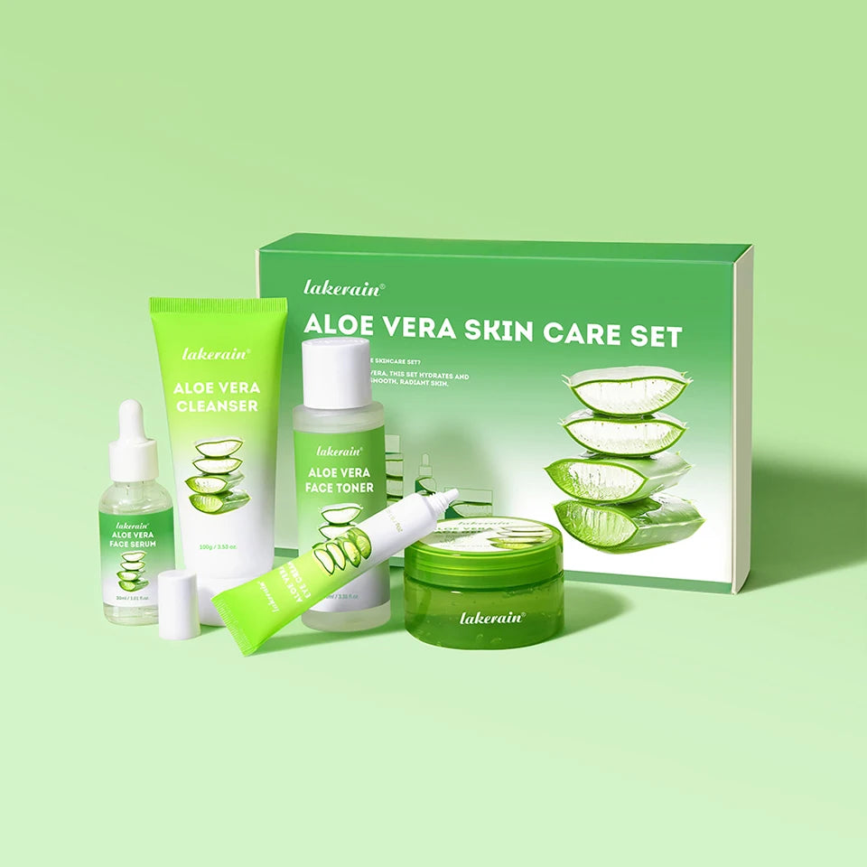 Green aloe vera skincare gift set including cleanser, toner, serum, eye cream, and gel moisturizer in a matching box.