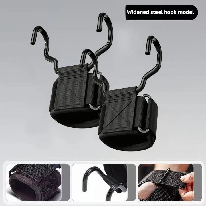 Pair of black padded weightlifting wrist straps with sturdy, widened steel hooks for gym training.