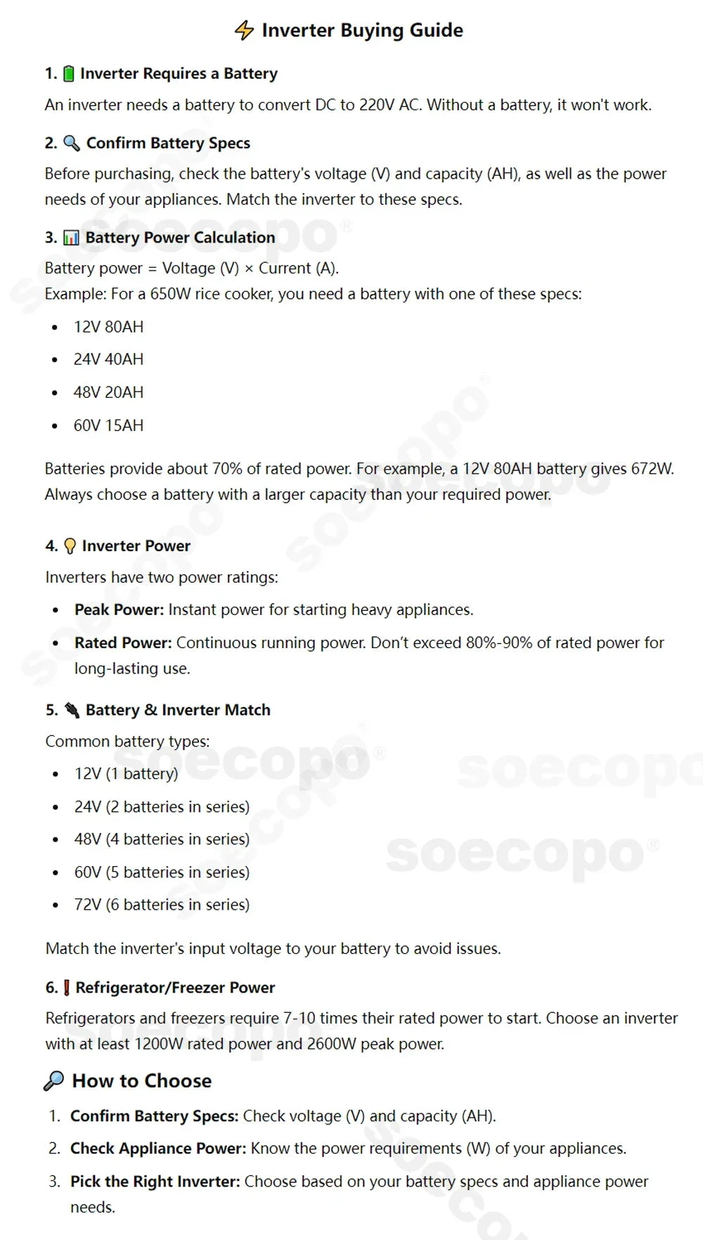 An informational infographic guide for choosing the correct solar power inverter, featuring tips on battery matching.