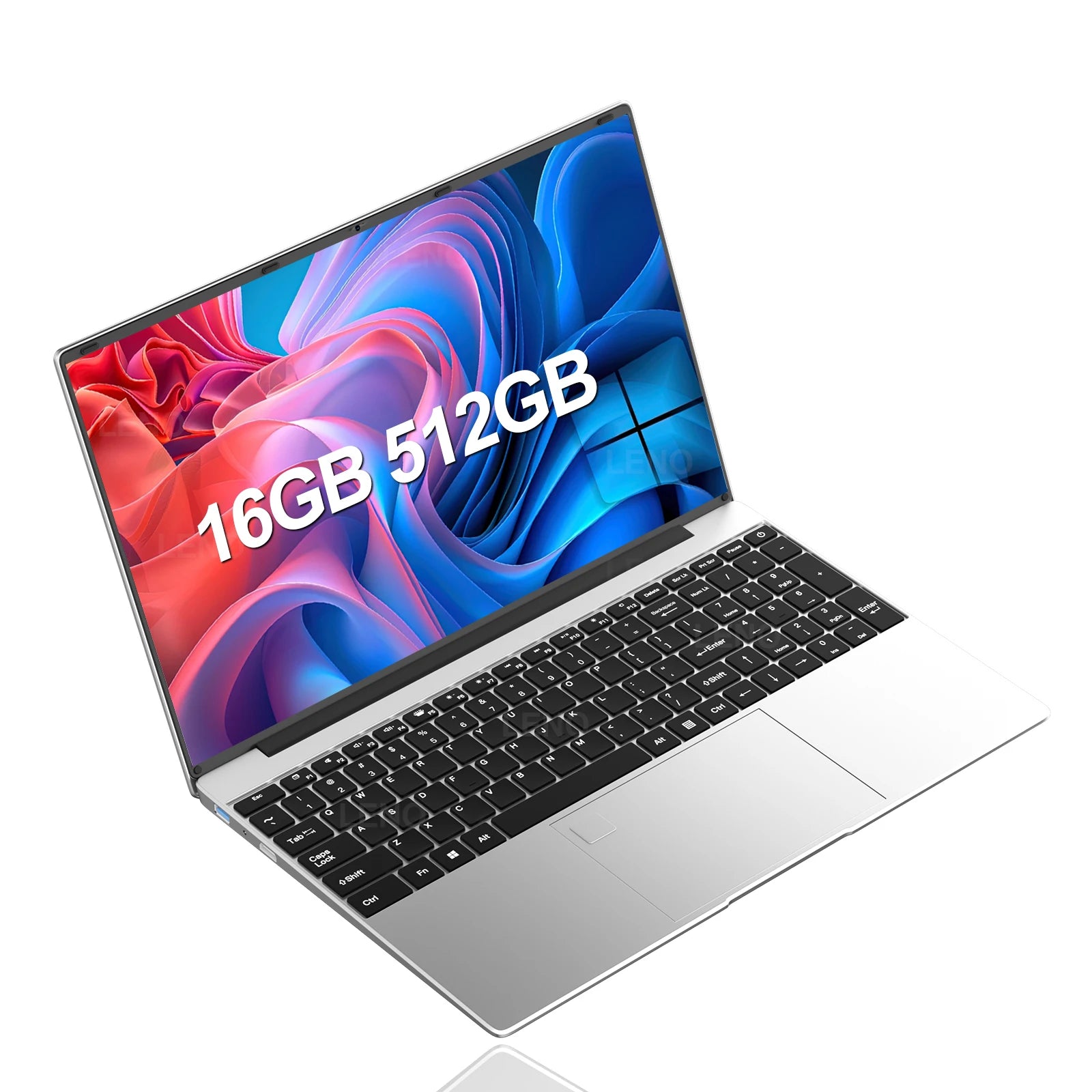 Sleek silver 15.6-inch laptop with a black keyboard and a colourful abstract Windows 11 wallpaper.