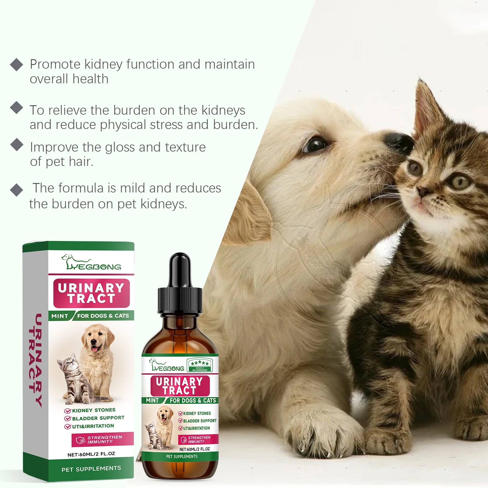 60ml urinary tract health supplement for dogs and cats in a brown dropper bottle with mint label.