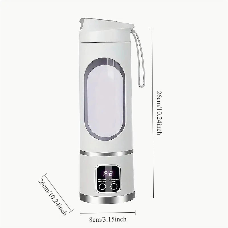 White portable electric blender bottle with a digital display, carry strap, and dimensions labeled on a white background.