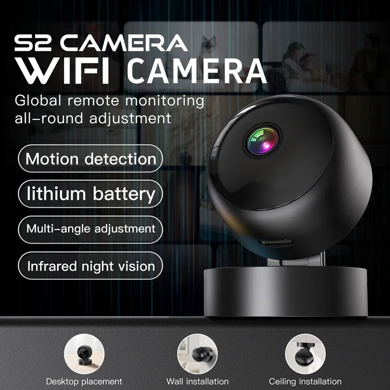 Compact black wireless security camera with 360° adjustment, night vision, and motion detection for flexible mounting.