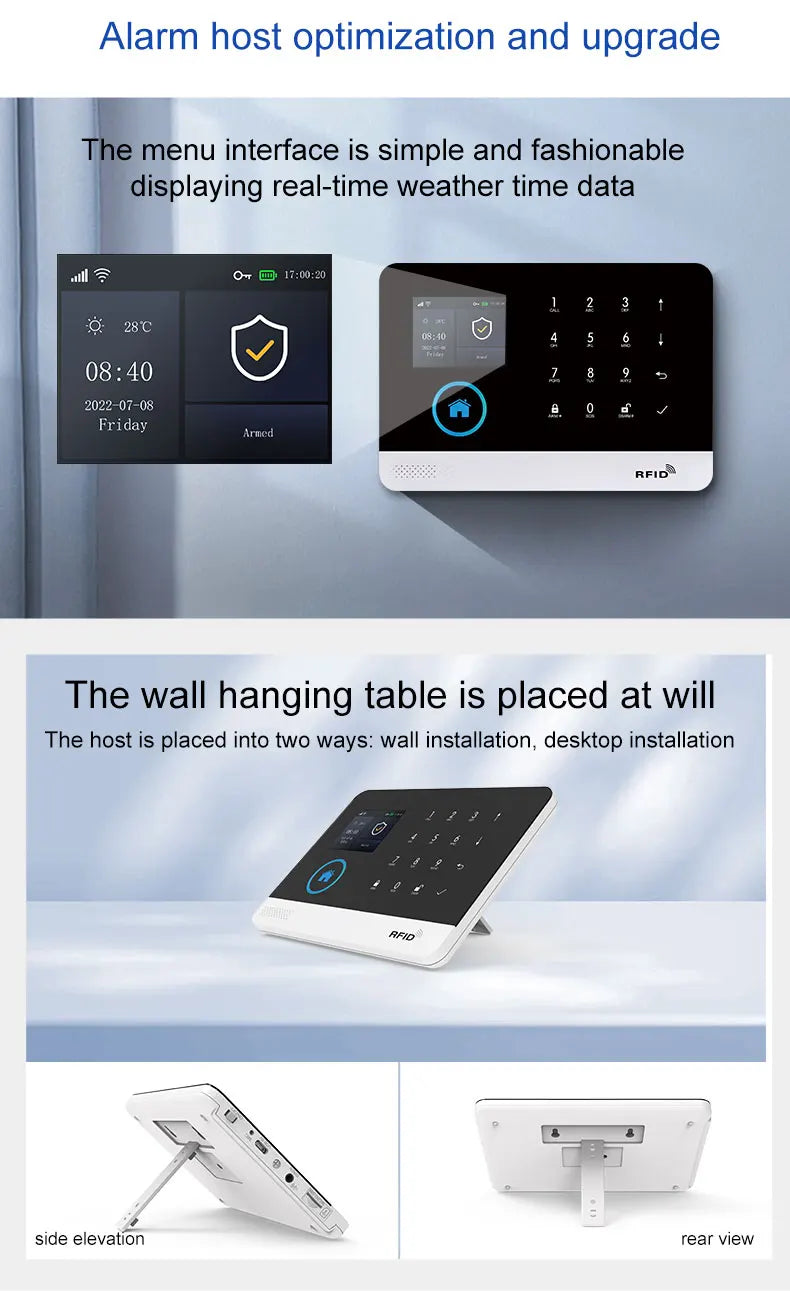 Sleek white and black smart home alarm system with digital touch screen showing weather, time, and RFID keypad.