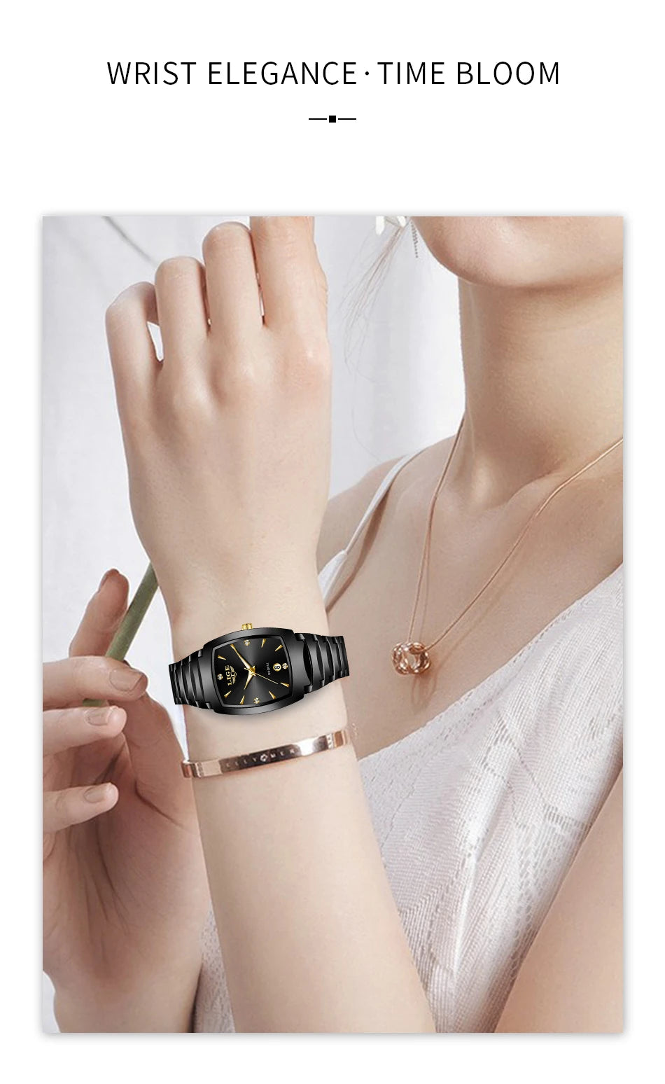 Elegant ladies' black stainless steel quartz watch with a minimalist black face, gold hands and matching bracelet.