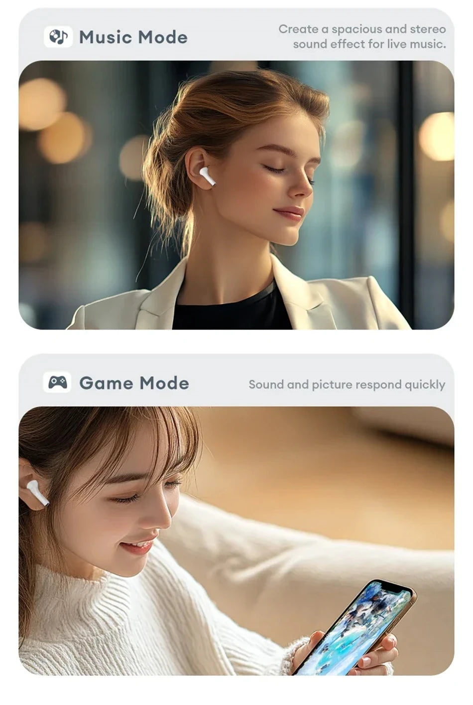 Two women wearing small, white, sleek wireless earbuds showing Music and Game modes on a smartphone.