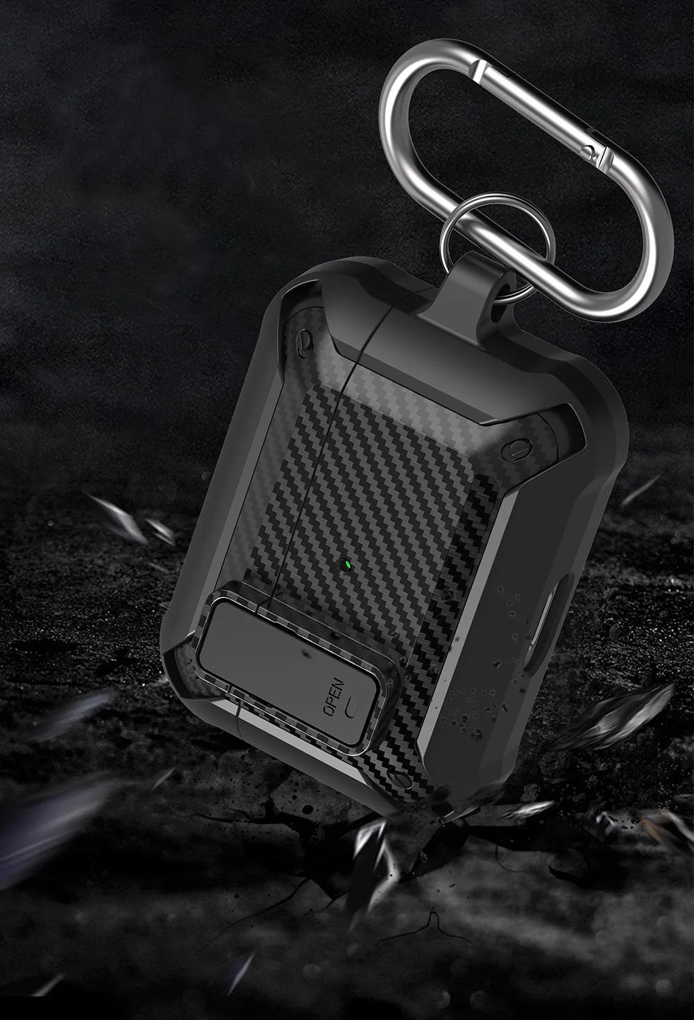 Rugged black carbon-fibre effect AirPods case with carabiner clip and secure locking latch.