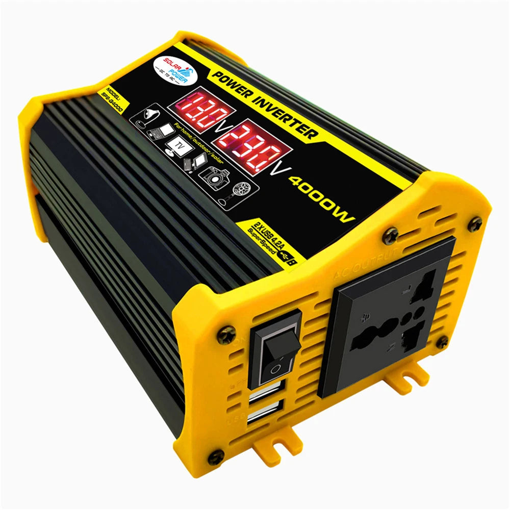 4000W portable power inverter in black and yellow, featuring a digital display, power switch, AC socket, and USB ports.
