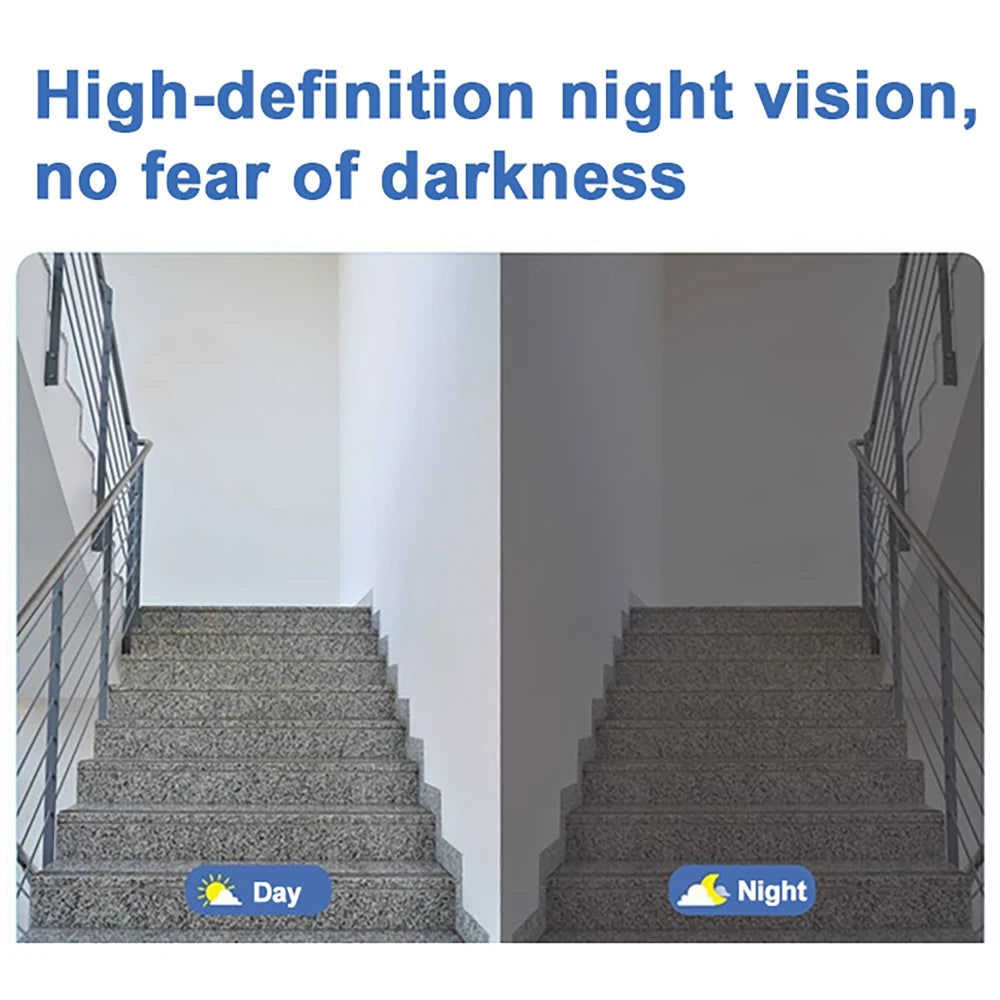 Split-screen comparison of a staircase showing clear high-definition footage in both daylight and night-time settings.