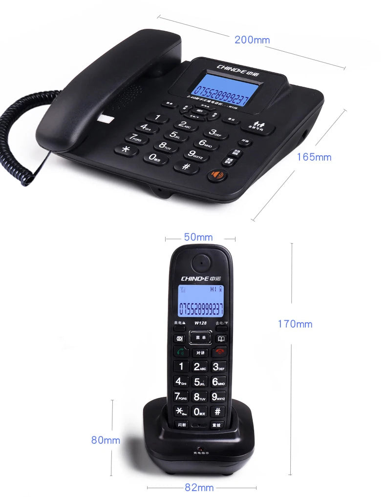 Black corded and cordless telephone set with illuminated LCD screens, keypad, and charging base. Dimensions included.