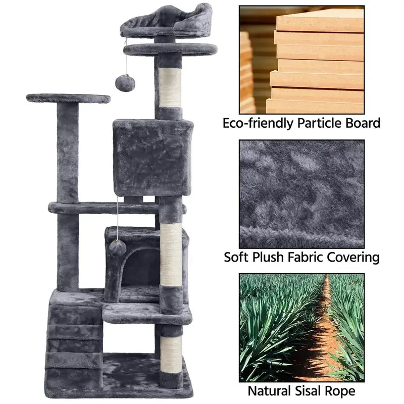 Tall grey cat tree featuring plush fabric, multiple tiers, a condo, scratching posts, and hanging toy balls.