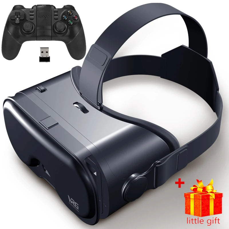 Black VR headset with adjustable head straps, lens adjustment wheel, and matching game controller.