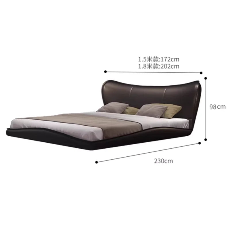 Modern black upholstered platform bed frame with a sleek, curved headboard and low-profile, wave-like design.