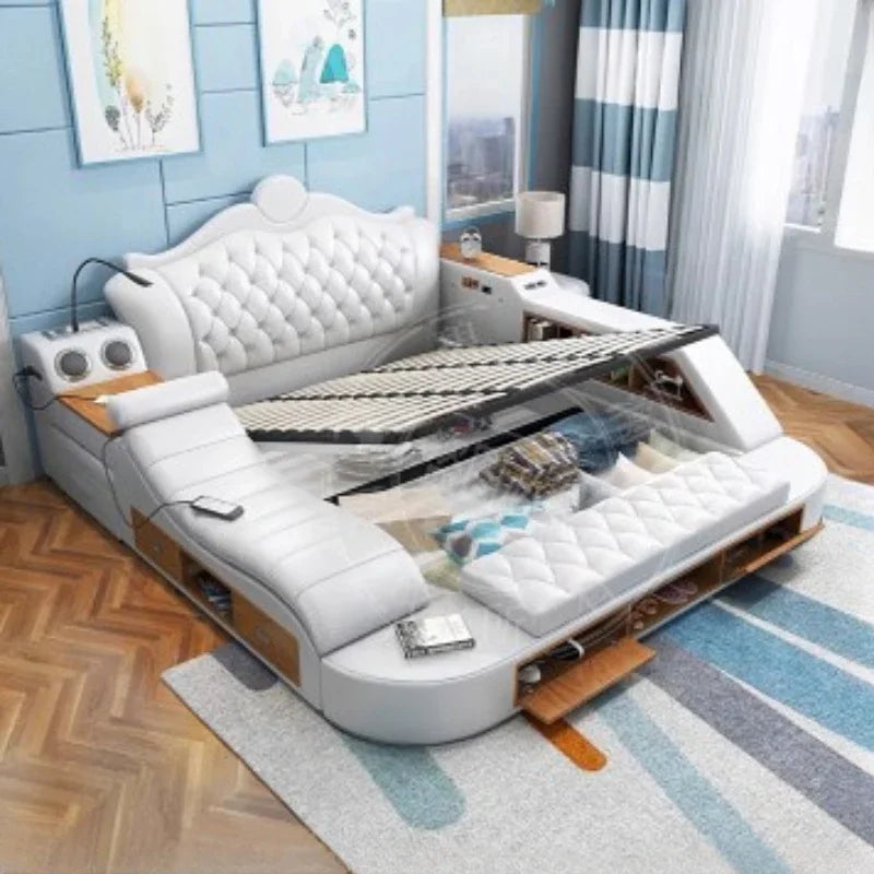 Modern white double bed with tufted headboard, integrated storage, bedside shelving, and built-in speakers.