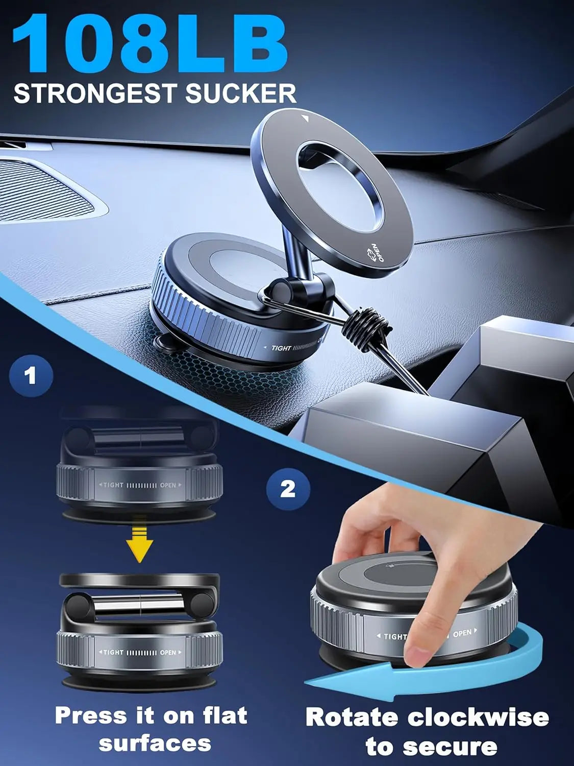Blue car dashboard suction mount with a circular magnetic phone holder, featuring a secure twist-to-lock mechanism.