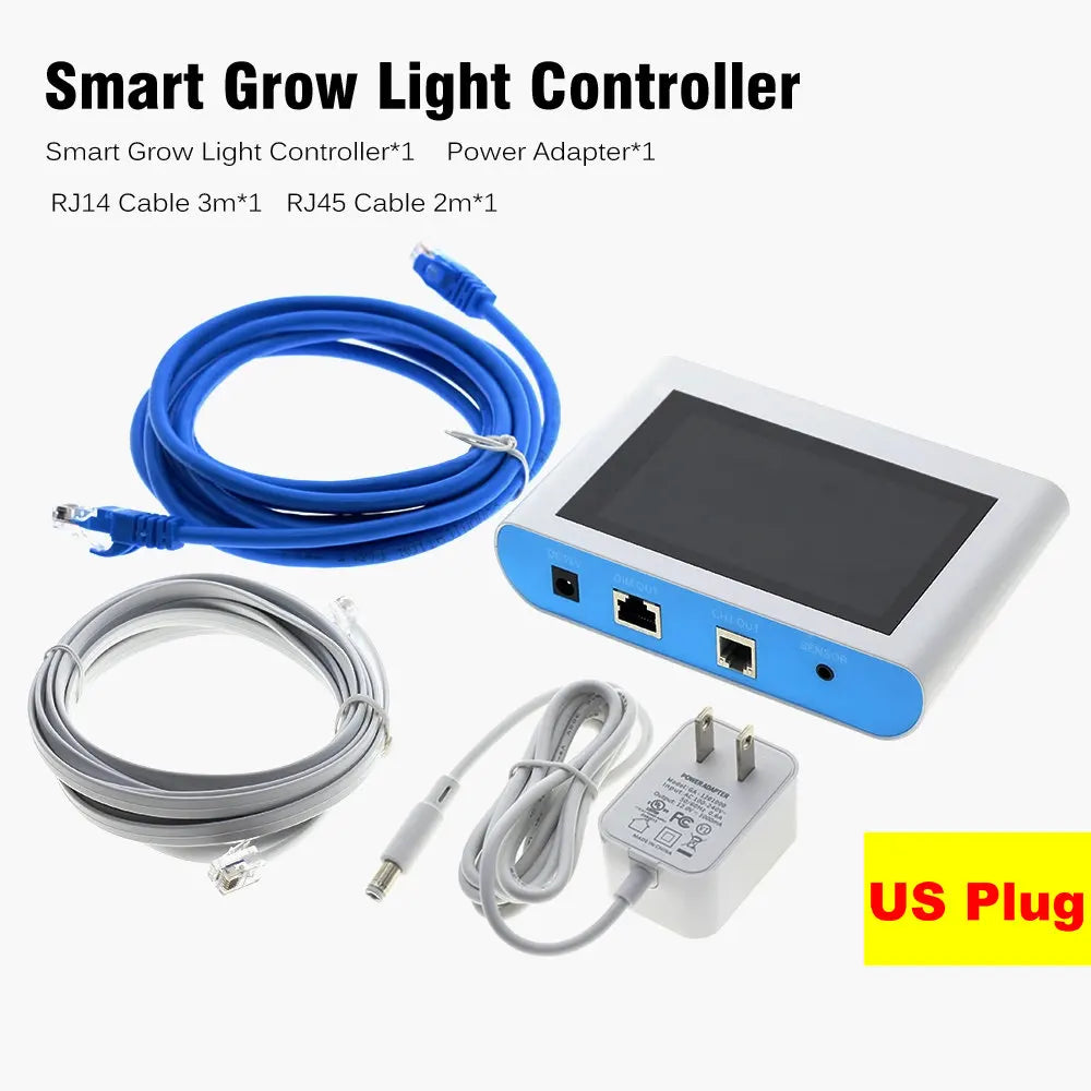 Smart grow light controller with 4.3-inch touch screen, including a blue cable, grey cable, and power adapter.