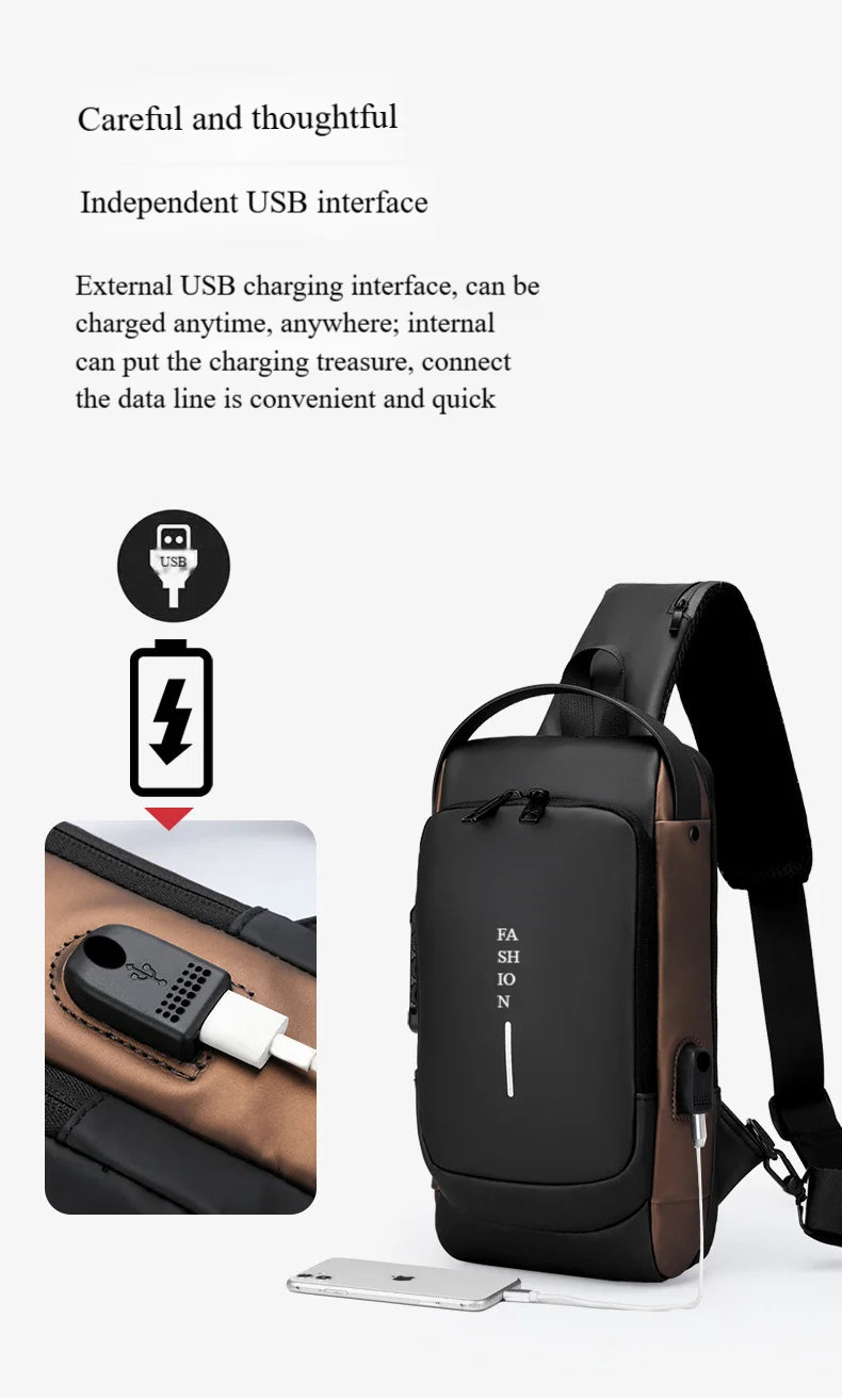 Sleek black and brown anti-theft crossbody chest bag with an external USB charging port and integrated lock.