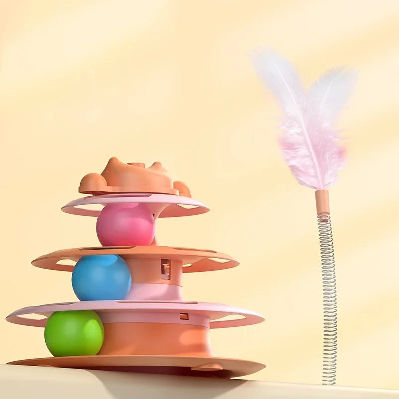 Three-tier interactive cat toy with colourful balls and a spring-mounted white feather teaser wand.