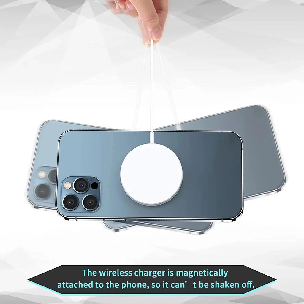 A hand holds a white, circular magnetic wireless charger attached to the back of a grey smartphone.