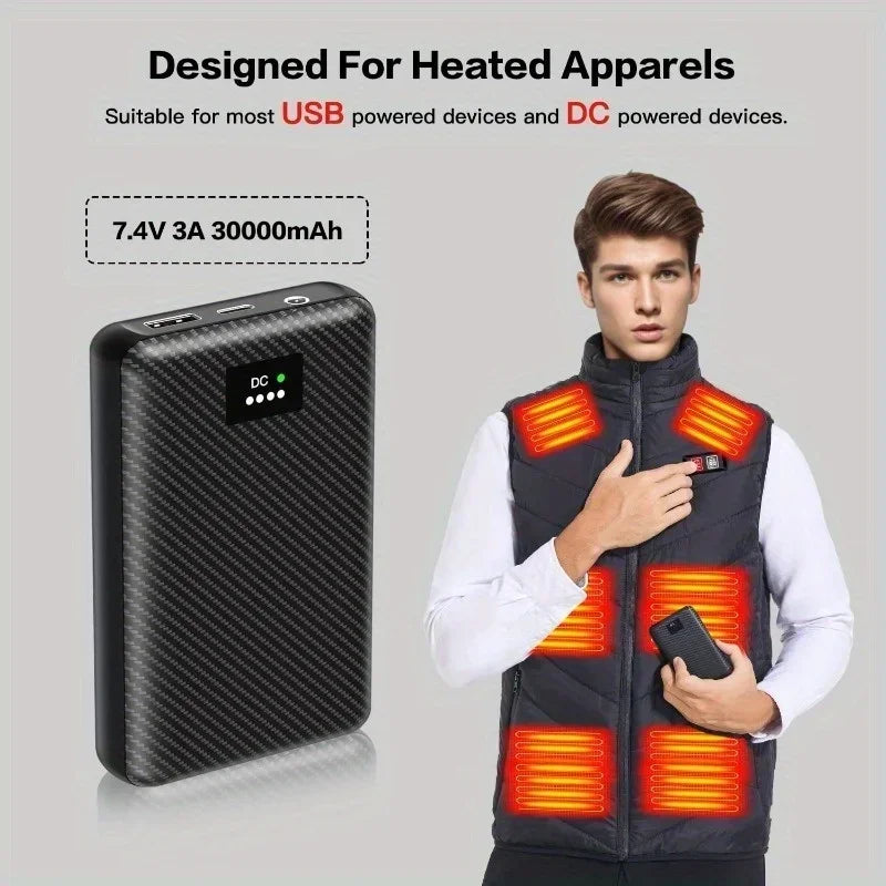 Black carbon-fibre finish 30000mAh power bank, designed for USB and DC heated clothing and devices.