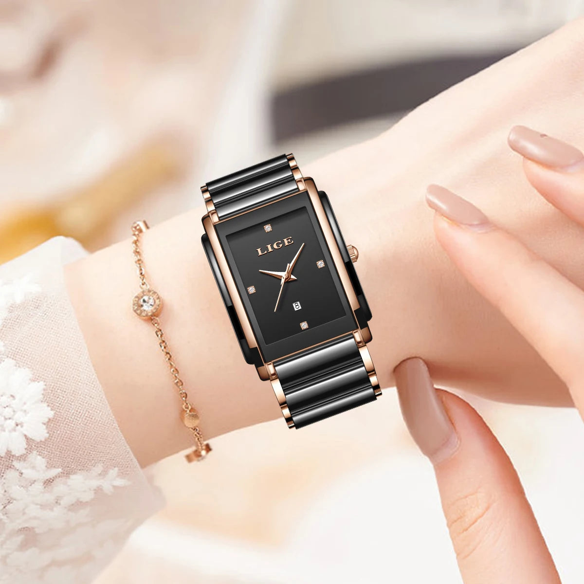 LIGE rectangular women's quartz watch with black dial, rose gold trim, and black-and-rose-gold ceramic strap.