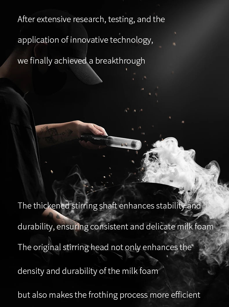 Handheld electric milk frother with a sleek black design being used to create dense milk foam.