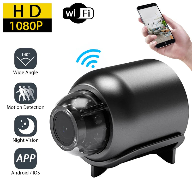 Black wireless security camera with 1080p HD, motion detection, night vision, and wide-angle lens for phone app use.