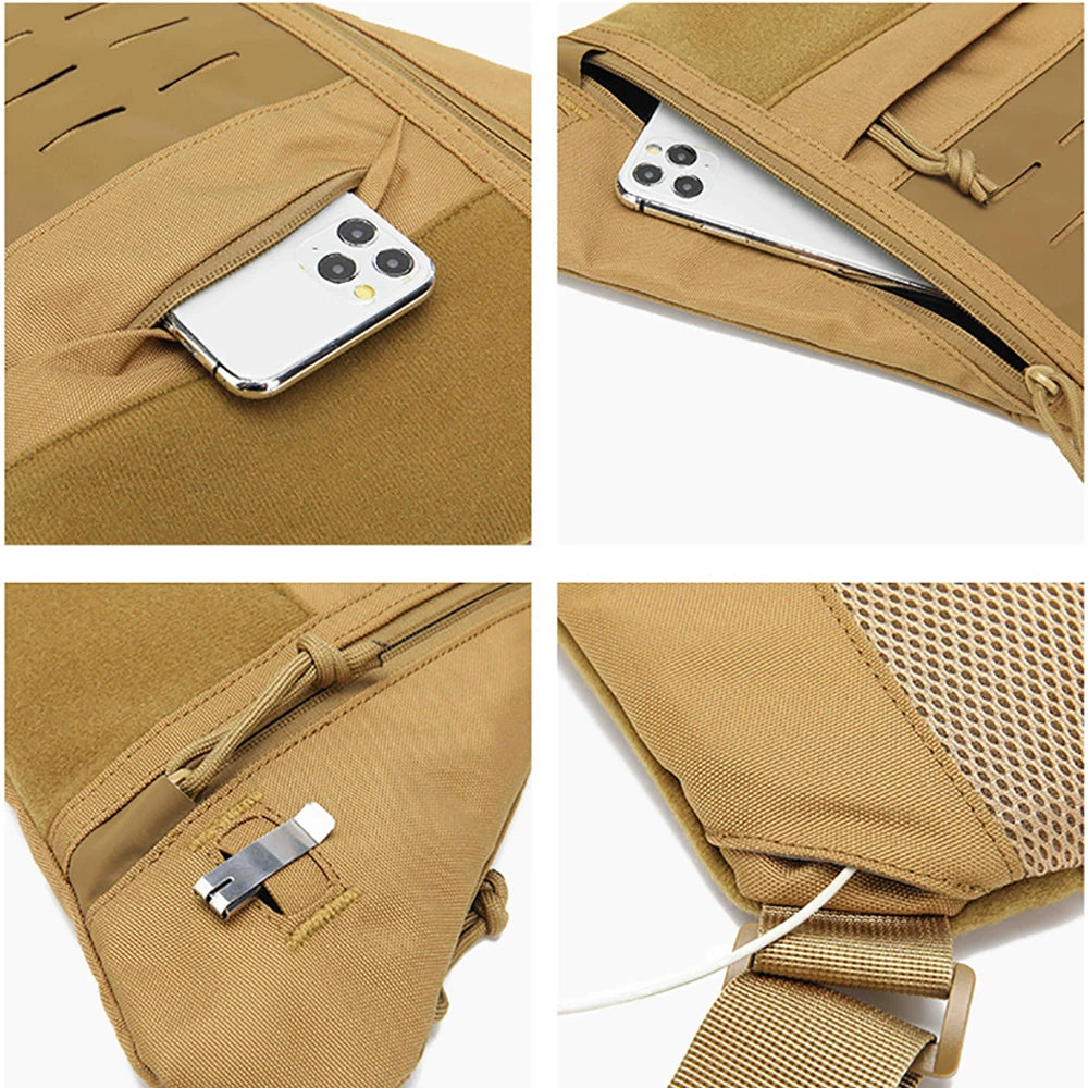 Tan tactical crossbody sling bag with zip pockets, MOLLE webbing, metal clip and mesh-lined strap.