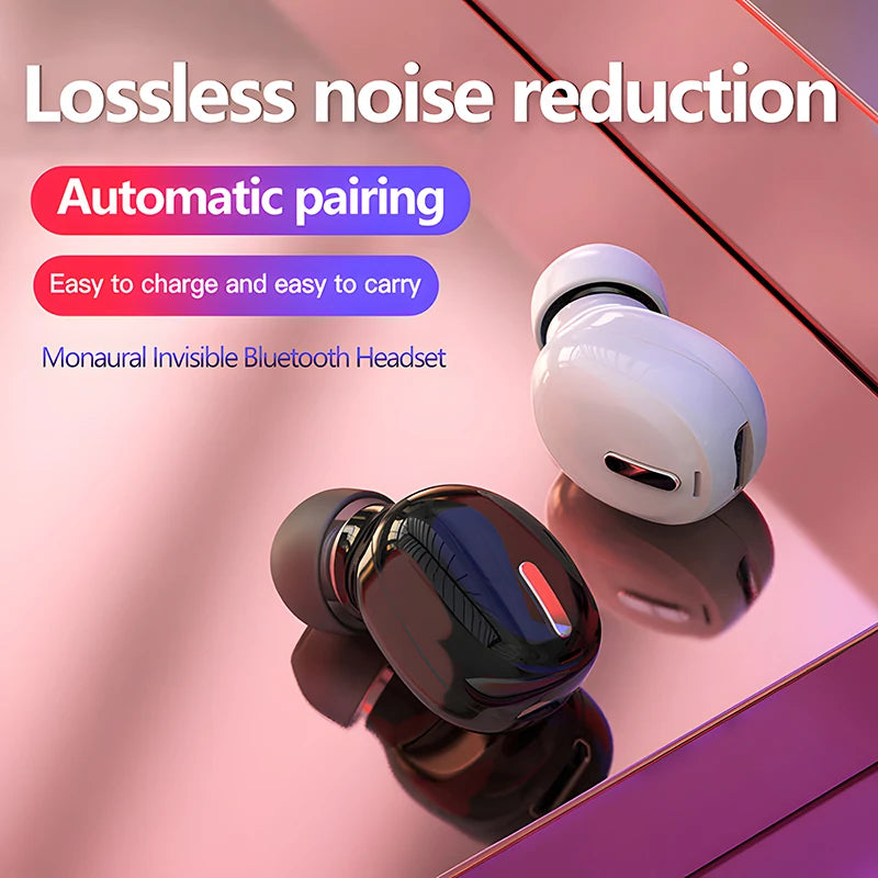 White and black wireless, compact in-ear Bluetooth headsets with sleek, glossy finishes displayed on a reflective surface.