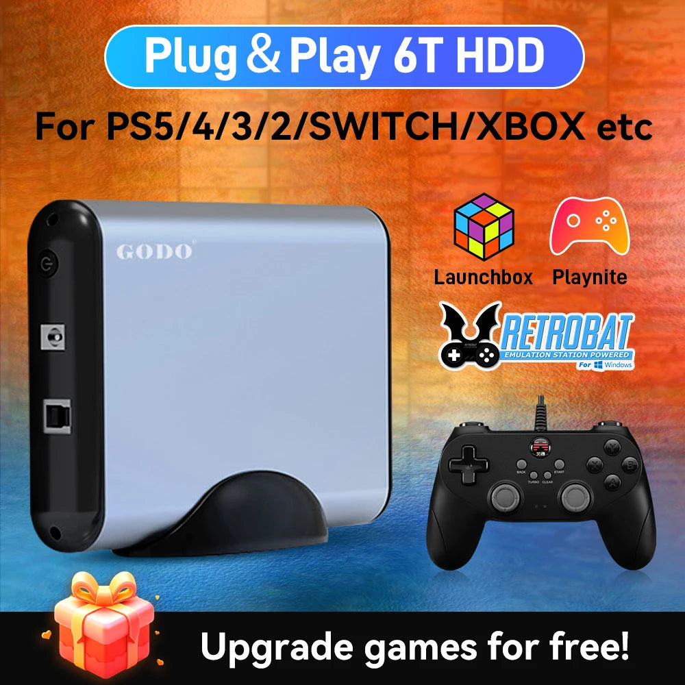 Silver 6T external gaming hard drive with black stand and controller, featuring promotional text and icons.