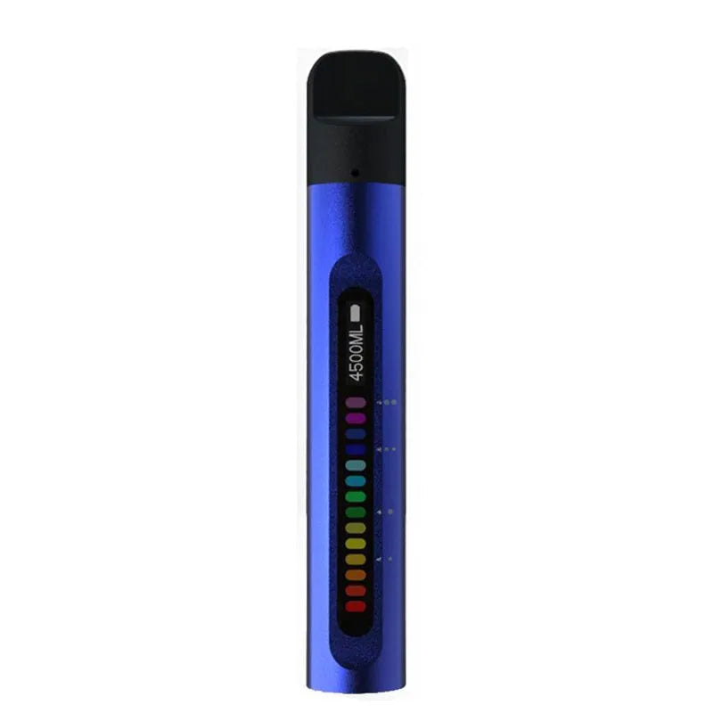 Sleek, metallic blue respiratory muscle training device with a vertical digital display showing a colourful progress bar.