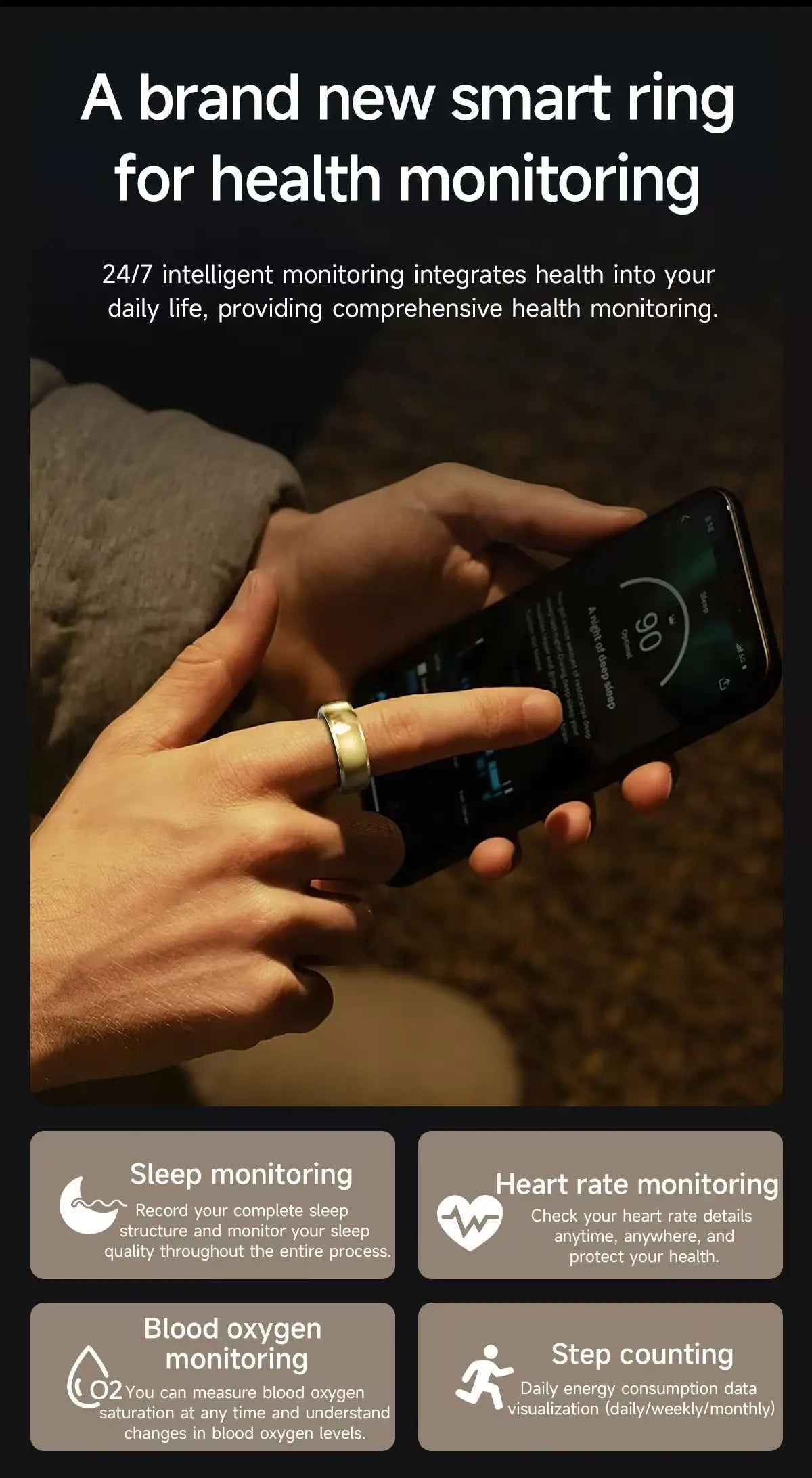 A sleek gold smart fitness ring worn on a finger, syncing health and activity data to a smartphone app.