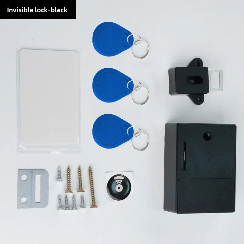 Black plastic invisible cabinet lock kit with three blue RFID key fobs, white card, metal strike plate, and screws.
