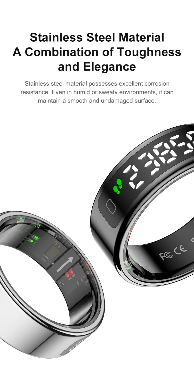 Sleek black stainless steel smart ring with a digital touch display showing step count and health sensors.