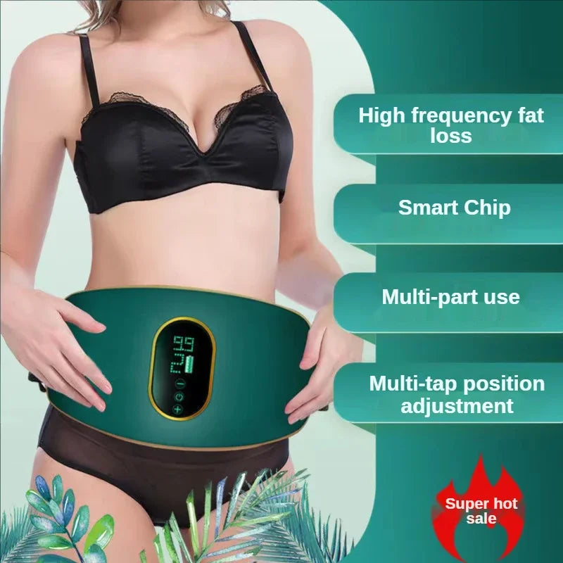 Dark green abdominal slimming belt with digital display worn around waist by woman in black underwear.