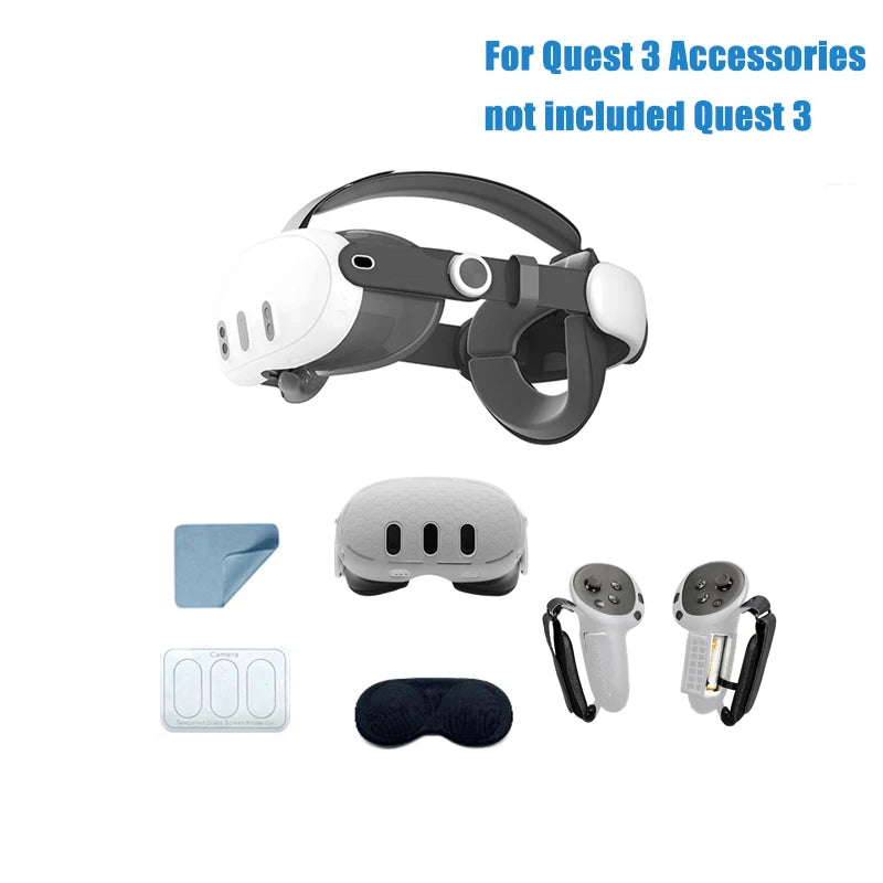 White and grey adjustable halo strap for Meta Quest 3, including silicone covers, controller grips, and cleaning cloth.