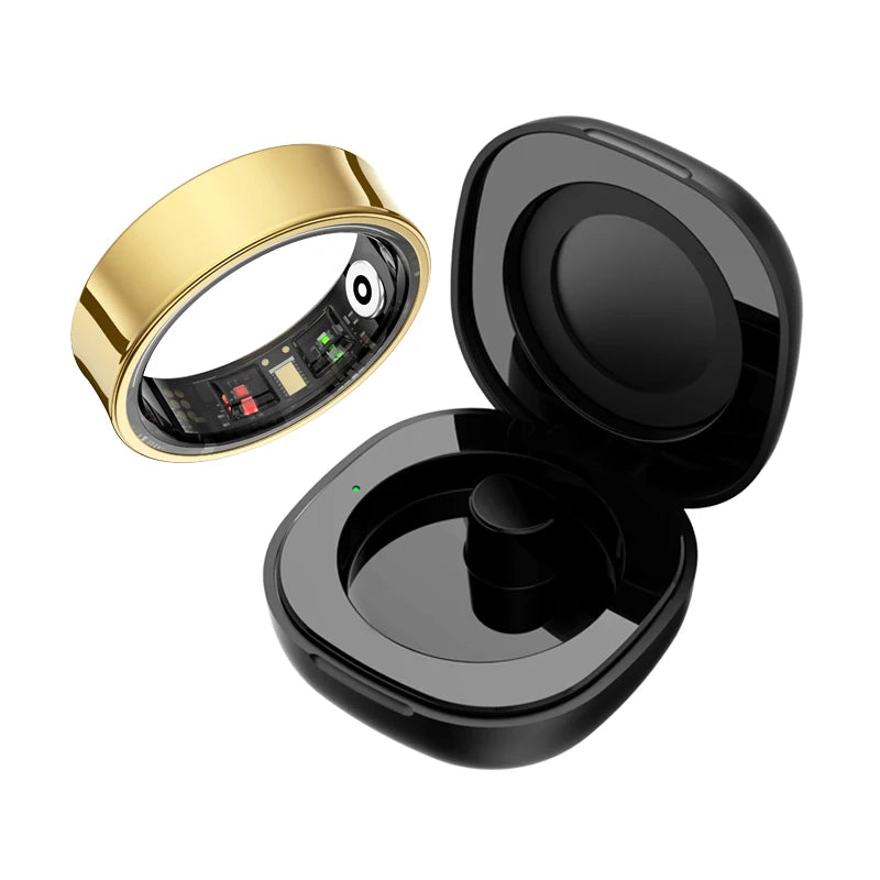Gold smart health ring with internal sensors, displayed next to its black open charging case.