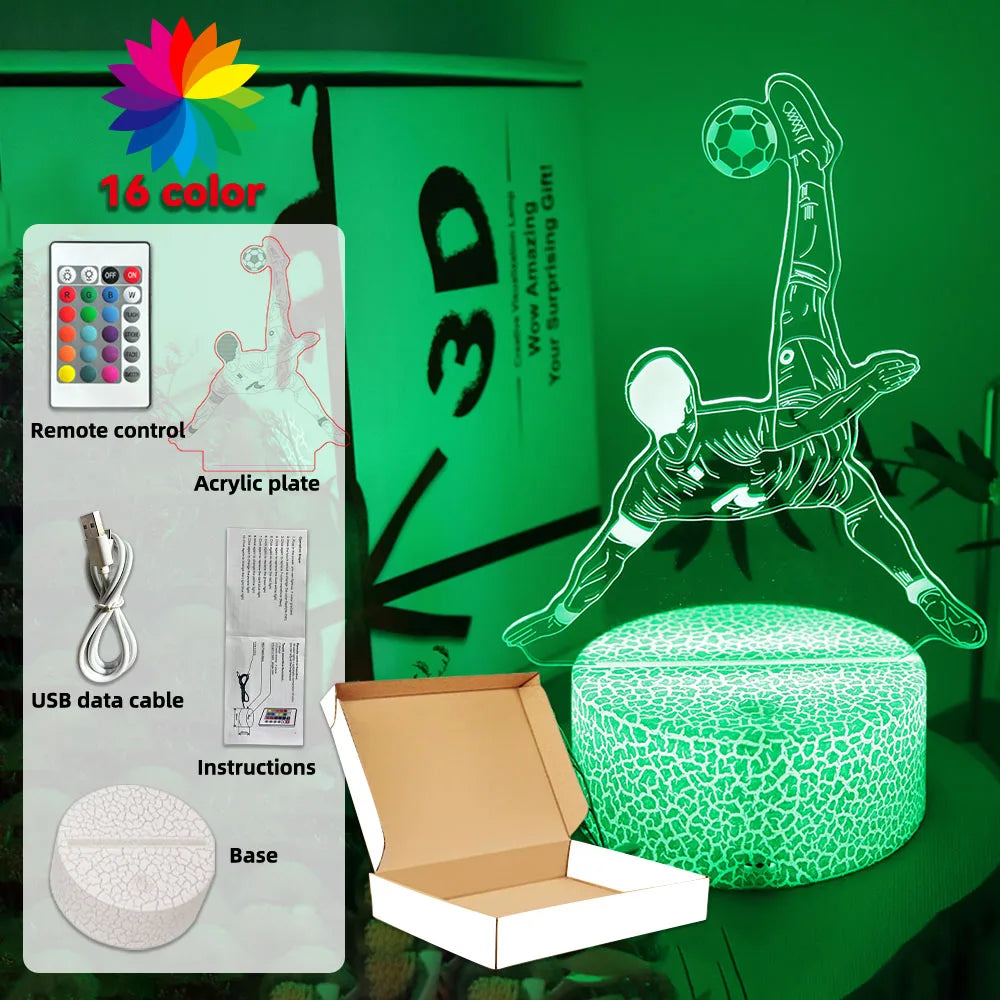 3D football player LED lamp with 16 colour options, remote control, USB cable, and textured light-up display base.