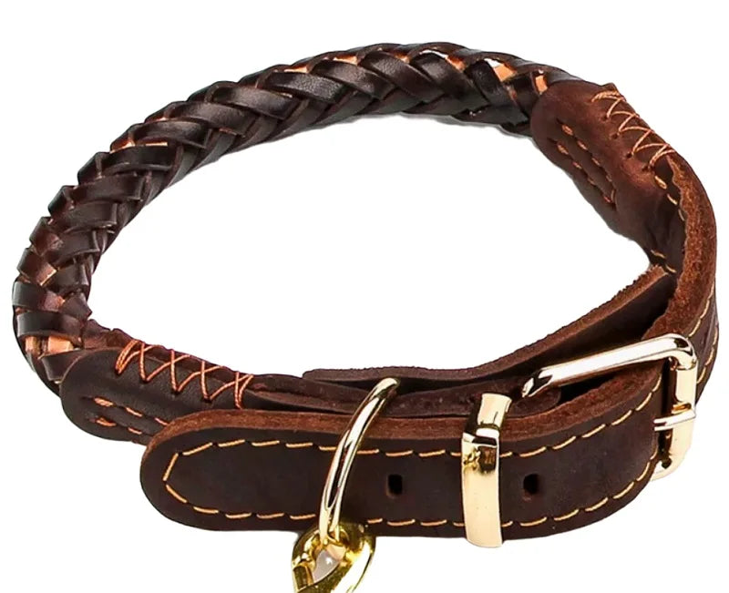 Dark brown braided real leather dog collar with gold-tone buckle, D-ring, and decorative cross-stitch detailing.