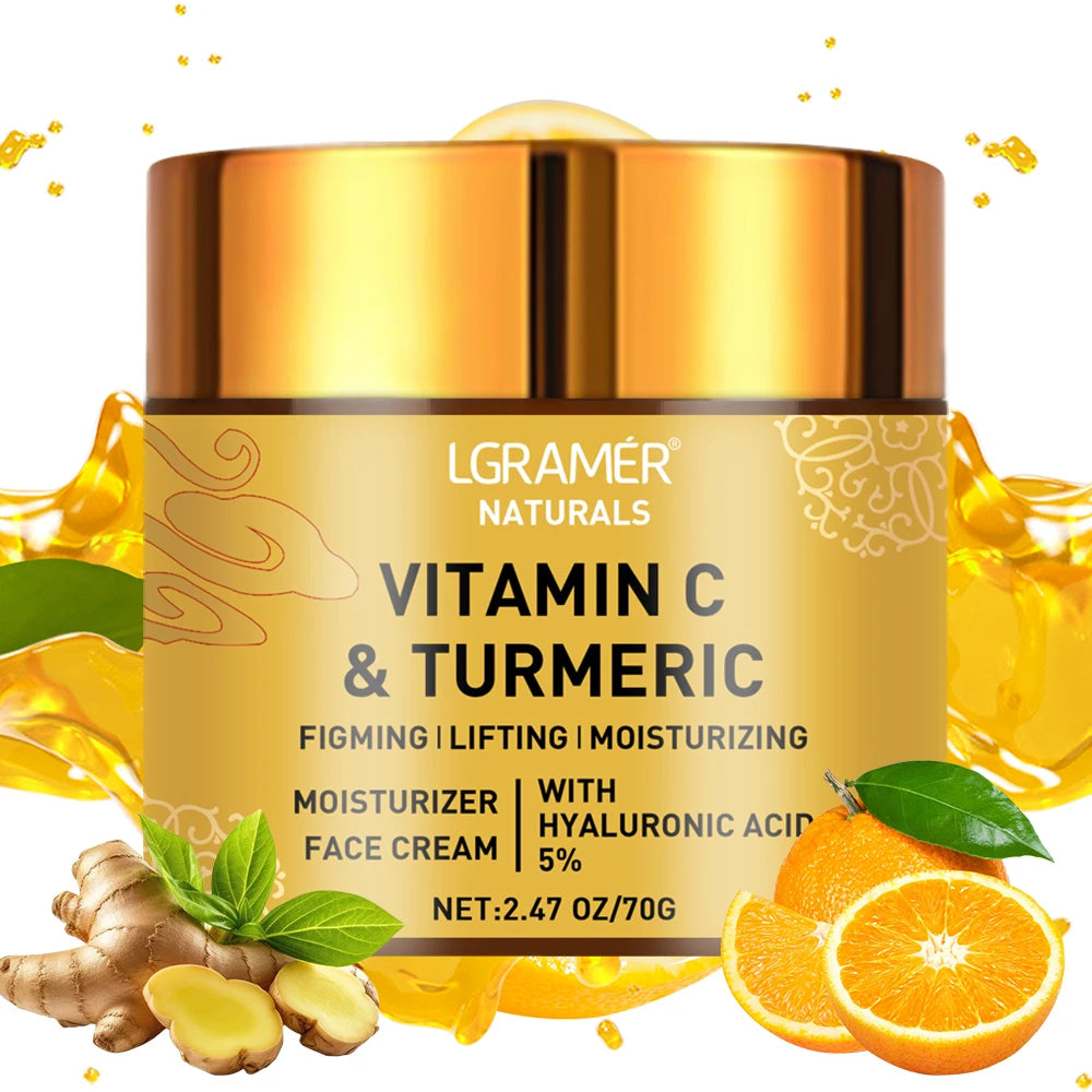 Gold jar of Vitamin C and Turmeric face cream with hyaluronic acid, surrounded by fresh oranges and ginger root.